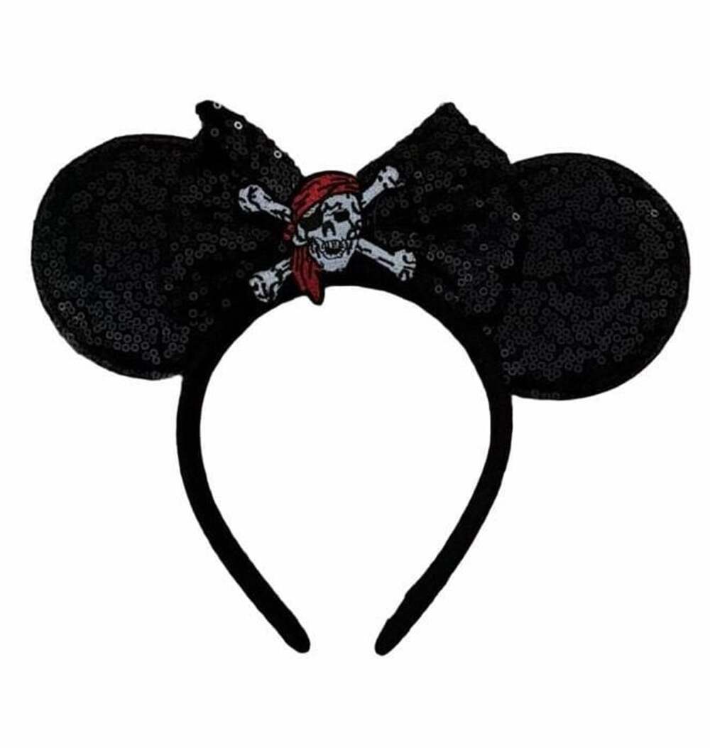Pirate Mouse Ear Headband Black Sequins Skull And Crossbones Bow